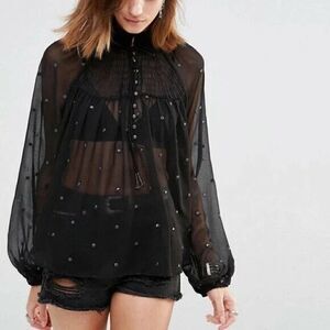 Free People Ready to Run Black Chiffon Boho sheer Long sleeve Top XS